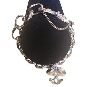 Vintage MCM Monet Silver Tone Link Bracelet Champagne Glass Charm Rhinestone
